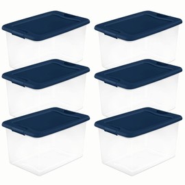 Sterilite 64 Quart Latching Hinged See-Through Plastic Stacking Storage Container Tote with Recessed Lids for Home Organization, Marine Blue (6 Pack)