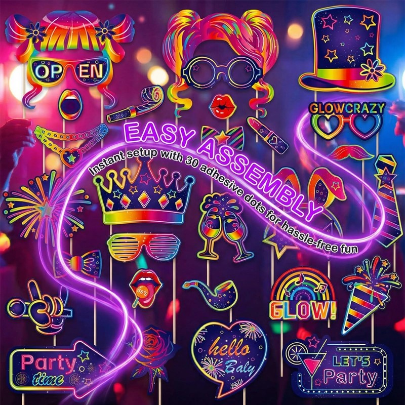 30 Pcs Neon Photo Booth Props, Fluorescent Glasses Hats Crowns
