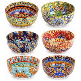 Boho Bowl Set of 6, 28 oz Colorful Ceramic Soup Cereal Bowls, Pasta