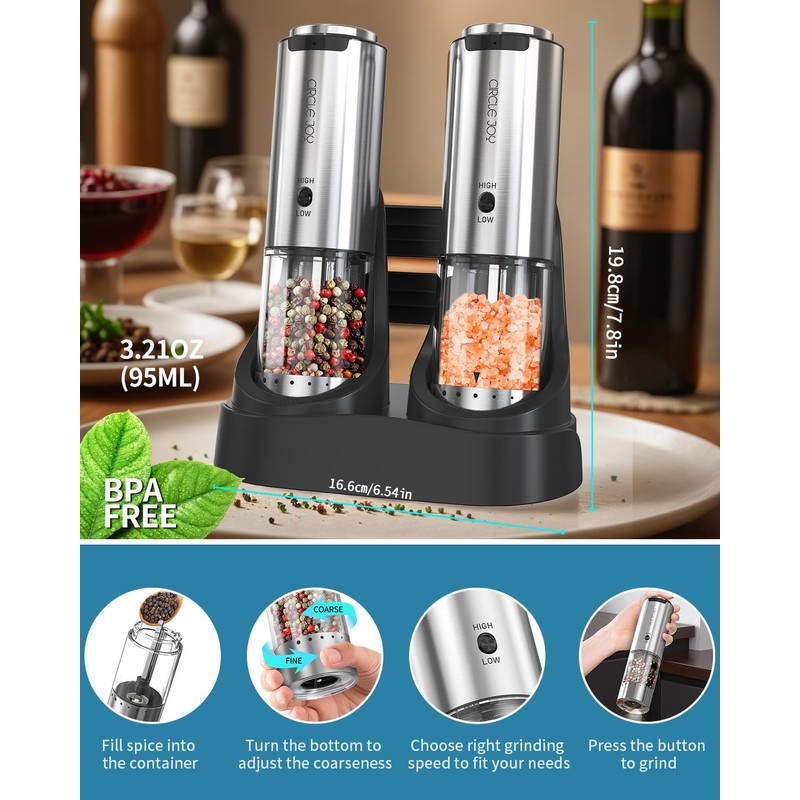 CIRCLE JOY Rechargeable Salt and Pepper Grinder Set Stainless Steel
