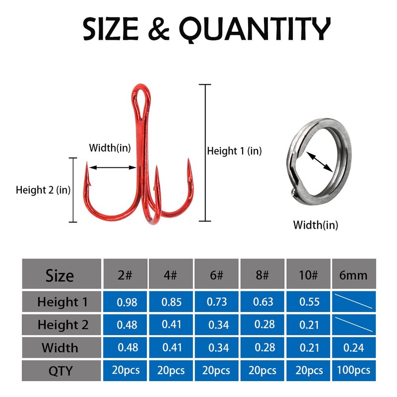 UperUper 200 Pack Fishing Treble Hooks Kit High Carbon Steel