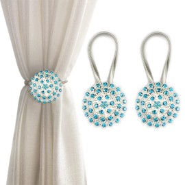 Magnetic Tiebacks for Curtains, 2 Pack Sparkling Crystal Flower Curtain Tiebacks Curtain Buckle Clips with High-Elastic Spring Wire for Home Office Decoration (Peacock Blue)