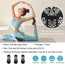 nemokamai 3 Pairs Black Yoga Socks Pilate Socks for Women-Non Slip Grip, Ideal for Pilates, Pure Barre, Ballet, Dance, Barefoot Workout, US 7-10