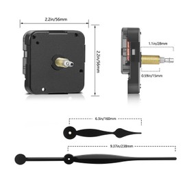 High Torque Long Shaft Clock Movement Mechanism with 28mm (1-1/8 Inch) Shaft Length and 9.37 Inch Long Spade Hands