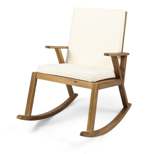 Christopher Knight Home Brent Outdoor Acacia Wood Rocking Chair with Water-Resistant, Teak Finish/Cream Cushion