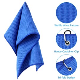 Yisica 3 Pack Microfiber Golf Towels (40x40cm) with Carabiner Clip, Convenient Golf Cleaning Towel, Waffle Pattern Tri-fold Set