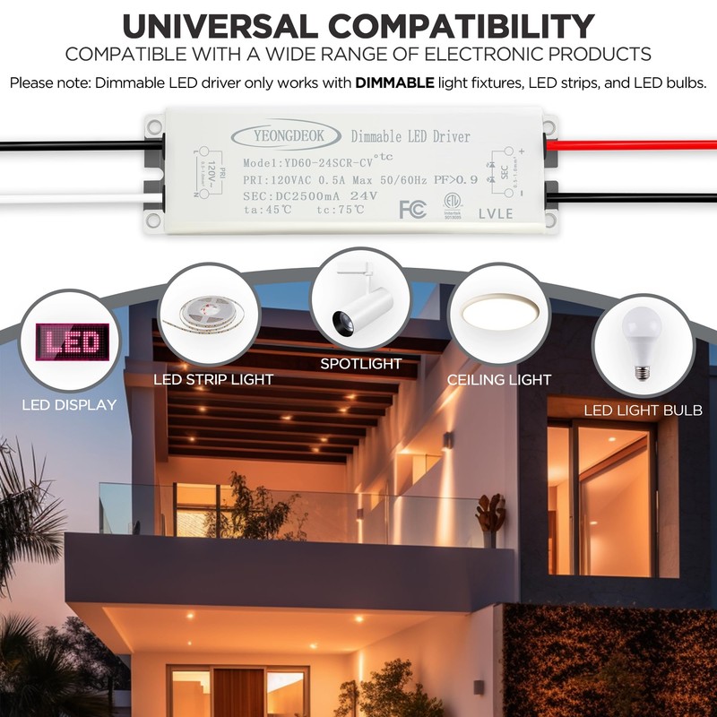 NAWVACE 60W Triac Dimmable LED Driver, 24V 2.5A Power Supply,