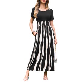 AUSELILY Women's Summer Smocked Short Sleeve Long Maxi Dresses for Women 2025 New Black Stripes/BK Large