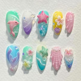 LPOODDNU Summer Ocean Press on Nails Almond 3D Effect Fake Nails with Exquisite Flower Butterfly Pearl Starfish Dolphin Designs Glossy Blue False Nail Tips Cute Glue on Nails for Women Manicure 24Pcs