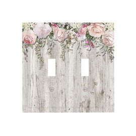 Wpshijia Pink Roses Flower Floral On Rutic Grey White Wood 2 Gang Light Switch Plate Cover Double Toggle Wall Plate Decorative Switchplate Electrical Faceplate for Farmhouse Cabin Bedroom Decor