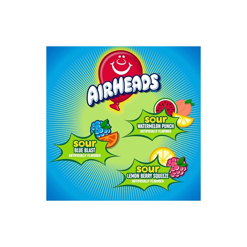 Airheads Sour Mini Candy Bars, Taffy Candy Assorted Bag, Individually