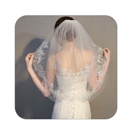 Yalice Silver Flower Bride Wedding Veil Short White Lace 2T Two-tier Veil Waist Length Bridal Veils Soft Tulle Hair Accessories (White)