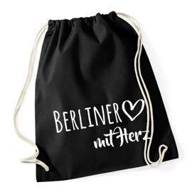 HUURAA Gym Bag Berlin with Heart Backpack Cotton 12 Litres with Motif for the Greatest People Gift Idea for Friends and Family, black