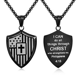 Christian Cross Bible Verse Necklace for Men - Shield American Flag Stainless Steel Chain Black Necklaces Religious Christian Catholic Jewelry Gifts for Men