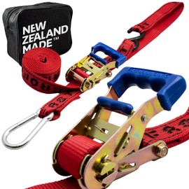 AEROFAST Loadfast Ratchet Tie Down Straps for Motorcycles | 1.5" x 8" Heavy Duty Dirt Bike Tie Down Straps with Soft Loop & Safety Carabiner | 2,600lbs (2 Pack) Red Color