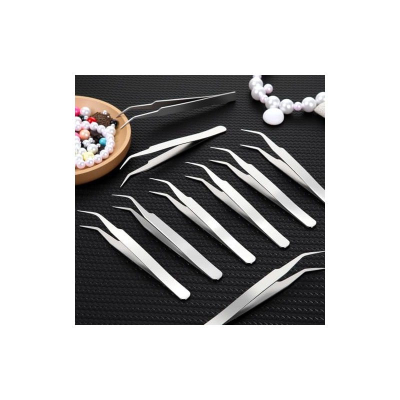 9 Pieces Curved Pointed Craft Tweezers Stainless Steel Precision Tweezer