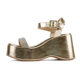 Soda “FRAYA” ~ Women Open Square Toe Platform Flatform Rhinestone Single Band Ankle Strap Wedge Sandal (Gold Metallic PU, us_footwear_size_system, adult, women, numeric, medium, numeric_6_point_5)