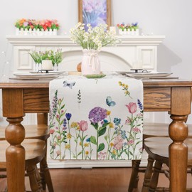 ZCHOMI Spring Hydrangea Tulip Table Runner 13x72 Inch Colourful Flowers in Clusters Butterfly Kitchen Dinning Table Decoration for Indoor Outdoor Home Party Décor