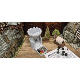 MunnyGrubbers - Auto Reloading Dice Tower - (7pc D20 Random Dice Included) - Castle Design - Self Loading Dice Tower - Lever Action Dice Tower - Dungeons and Dragons - DND - (Marble)