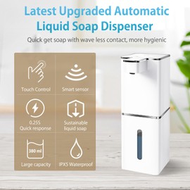 JEMISUN Automatic Liquid Soap Dispenser Touchless Soap Dispenser 380ml/12.8oz Rechargeable, Wall Mounted,4 Levels Adjustable Auto Soap Pump for Bathroom Kitchen Dish Soap