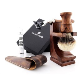 Jag Shaving Set - Sustainable 4-Piece Wooden Shaving Set - Silver-Tip Badger Hair Shaving Brush - 3 Razor Blades Safety Razor - Safety Razor - Leather Bag for Safety Razor