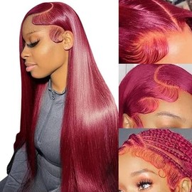 Peluca de cabello humano Fiumer color burdeos, 28 pulgadas, encaje frontal lacio de 13 x 6, encaje transparente HD, color rojo 99J, peluca de cabello 