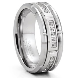 Metal Masters Mens Tungsten Carbide Brick Design Wedding Band Engagement Ring with Cubic Zirconia Comfort-Fit 8MM Silvertone