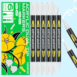 NAWOD 6 White Acrylic Paint Pens, Acrylic Paint Markers Dual Tip (Dot Tip + Brush Tip), Acrylic Permanent Markers for Rock, Fabric, Canvas, Ceramic, Glass, Wood, Paper, Labeling, Drawing, DIY Crafts