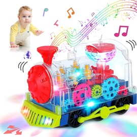 KJIXYUNG Transparent Train Toy Lighting Car Gear Toys Light Up Music Electric Train Rotating Mechanical Gear Train for Kids Educational Toy with Flashing Light Sound Music