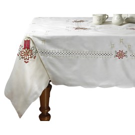 Seasonal Holiday Christmas Candles Vintage Holiday Embroidered Design Tablecloths- Beige - 70" by 120" Oblong/Rectangle