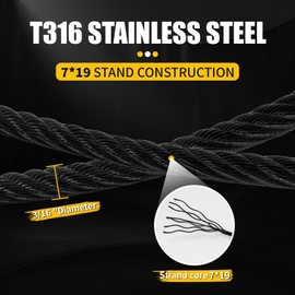 T316 Black 3/16IN Stainless Steel Cable, 100ft Wire Rope, 7X19 Strands Aircraft Cable, 3700lbs Breaking Strength, Zip Line for Heavy Duty Applications, Deck Railing, String Lights & Yard Zipline