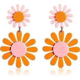60s 70s Vintage Daisy Flower Earrings for Women Acrylic Retro Disco Hippie Earrings Boho Petal Layered Dangle Drop Earrings Jewelry Birthday Gift-C