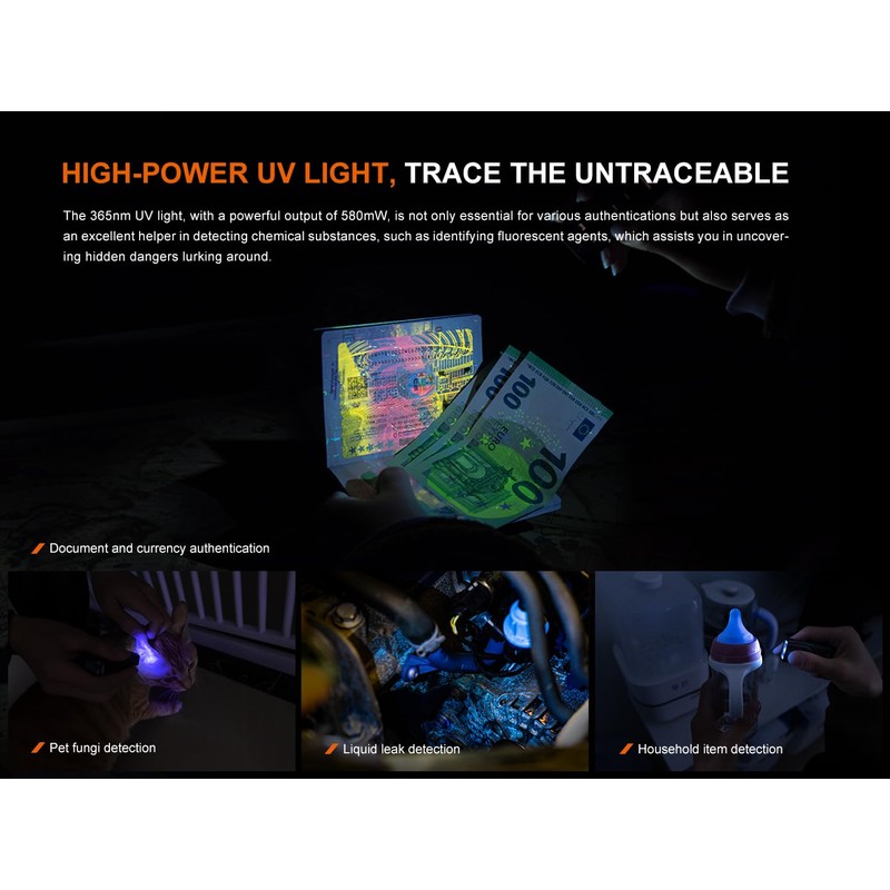 Fenix E06R 700 Lumen USB Rechargeable LED Keychain Flashlight/UV/Blacklight with