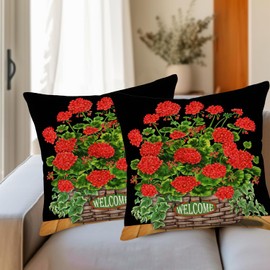 Fukeen Red Flower Pillow Cover 18x18 Inch Set of 2 Black Background with Geranium Poppy Floral Green Leaves Plants Farmhouse Decorations Pillow Cases Cotton Linen for Sofa Couch