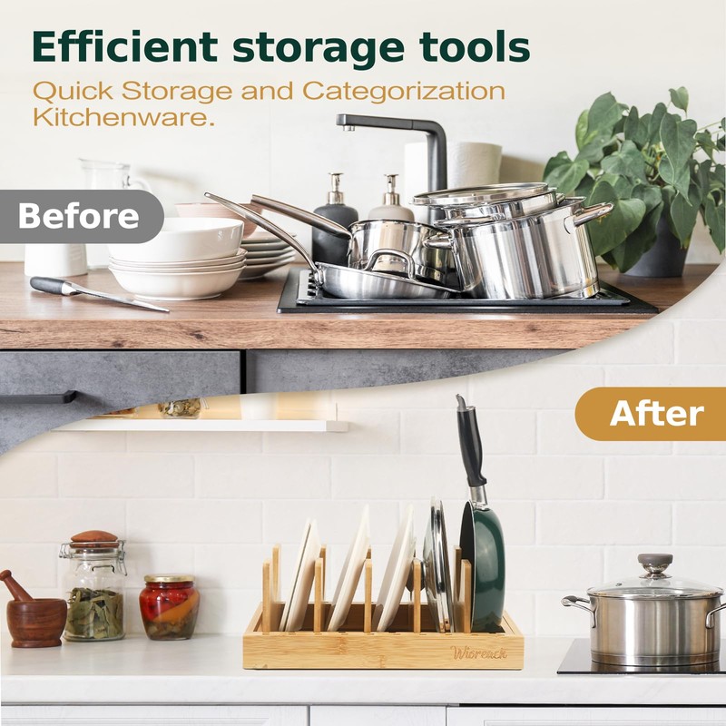 Wisreach Bamboo Pot Lid Organizer, Adjustable Kitchen Organizer for Cabinet,