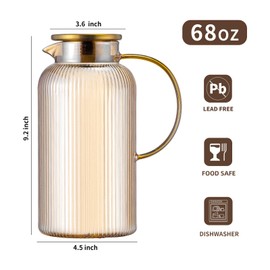 Buaic 2 PACK Glass Pitcher with Lid, 68 oz/ 2 Liter Amber Classic Vertical Stripes Water Pitcher,Glass Water Carafe for Cold Brew, Coffee, Lemonade, Iced Tea,Beverage, Heat Resistant Water Glass Jug