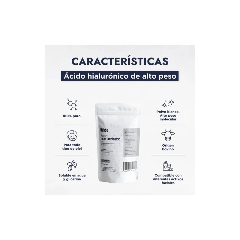 Ácido Hialurónico Puro 50g, Alto Peso M, Rinde 5l De