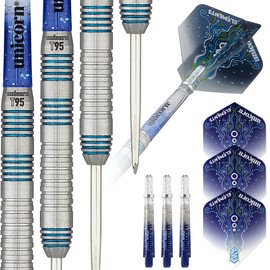 Unicorn Steel Tip Professional Darts Set | Core T95 Series Style 2 | 95% Tungsten Barrels with Blue Accents | 21 g