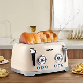 CUSIMAX Toaster 4 Slice, Retro Toaster with Wide Slots for Bagels, Stainless Steel Toaster with 6 Toast Settings, Bagel, Cancel, Defrost & Reheat Functions, Dual Independent Control Panels, Cream