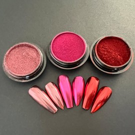 Vonrui 3 Jars Set Pink Chrome Nail Powder Metallic Mirror Effect Nail Art Glitter Pigment for Gel Polish,Pink Rose Red Chrome Aurora Nail Powder
