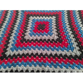 Handmade Crochet Granny Square Blanket, black, red, blue and grey, Throw 98cm x 98cm