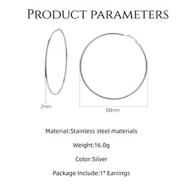 GAUEIOUR 2mm Silver Hoops Earrings for Women, Large Hoop Earrings,Exaggerated Fashion Personality Hypoallergenic Stainless Steel Large Hoops Lightweight Big Thin Hoop Earrings for Women(Silver)