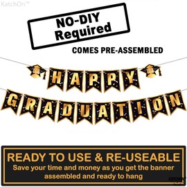 Large, Happy Graduation Banner 2022 - No DIY, 10 Feet | Class of 2022 Banner with Cap Graduation Garland for Black Graduation Decorations 2022 | Black and Gold Graduation Party Decorations 2022