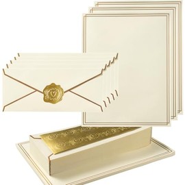 Juego de 50 Piezas de Papelería con Borde Dorado, Sobres Comerciales #10 y Hojas de Papel de 8.5x11 Pulgadas y Calcomanías para Escribir Cartas (Color