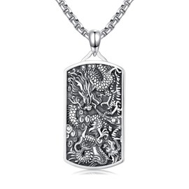 Generic Dragon Necklace for Men 925 Stering Silver Dragon Dog Tag Pendant Chinese Fengshui Lucky Amulet Protection Jewelry