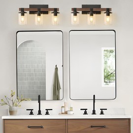 GoYeel Bathroom Light Fixtures Over Mirror, Black Farmhouse Vanity Light Rustic Vintage Wood Bathroom Wall Light Fixtures 3 Light with Clear Glass Shade for Bedroom Hallway