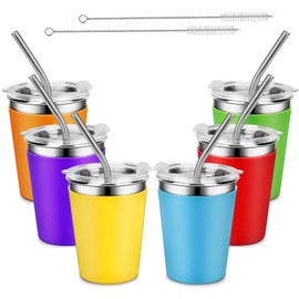 Kids Stainless Steel Cups with Lids, Spill Proof Metal Tumblers With Stainless Steel Straws for Adults, Unbreakable Toddle Cups with Full Wrapped Anti-Scald Sleeves for Hot and Cold Drinks.6Pack.12oz
