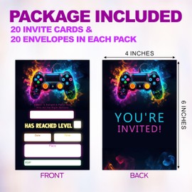 Grehos Set Of 20 Video Game Birthday Invitation Cards - Neon Gamer Level Invites With Envelopes - Double Side Fill In Style Party Celebration Favor & Supplies - Glow Arcade Game Party - B01