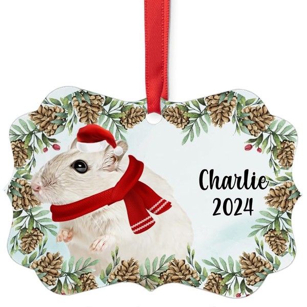 White Hamster Christmas Ornament 2025 - Personalized Aluminum Pinecone with