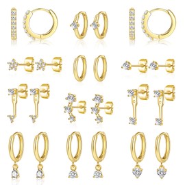 Shimmering Mini CZ Stud Earring Set for Multiple Piercings & Soft Cartilage: 3 Chic Designs for Women (# 9-Golden-multishape)